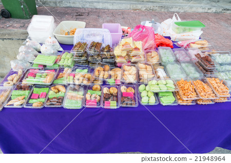 Assorted Malay cake and sweet food at street stall Assorted Malay cake and sweet food at street stall 21948964