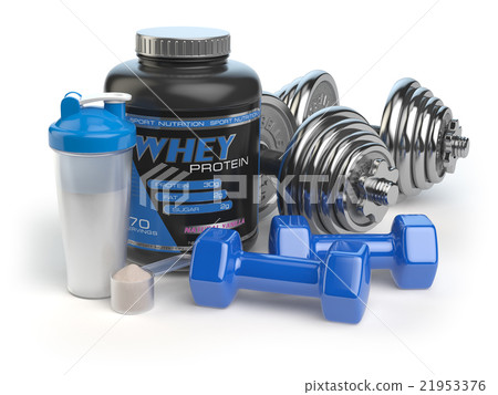 Whey protein with dumbbells and shaker.  21953376