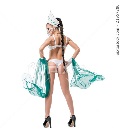 Rear view on go-go dancer posing in dancing suit 21957286