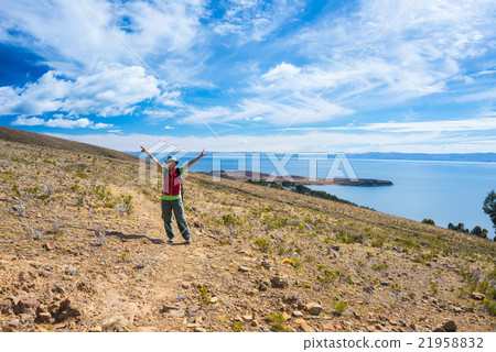 Tourist on Island of the Sun, Titicaca Lake, Bolivia 21958832