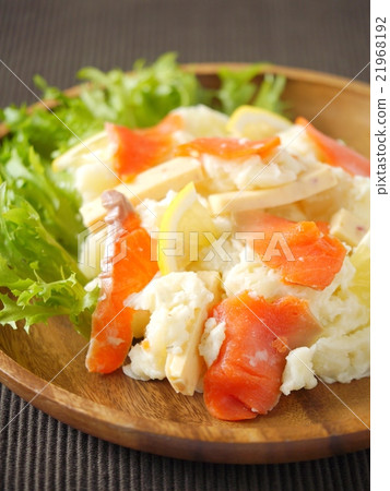 Salmon and cheese potato salad Brown background (vertical position) 21968192
