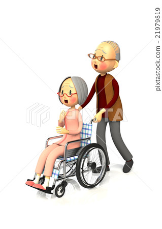 An old lady who has her husband push a wheelchair An old lady who has her husband push a wheelchair 21979819