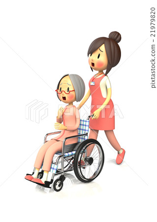 An old lady who has a helper to push a wheelchair An old lady who has a helper to push a wheelchair 21979820