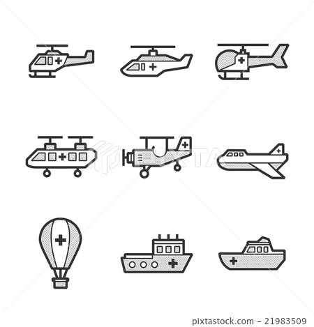 Medical Ambulance aircraft and ship set icons Medical Ambulance aircraft and ship set icons 21983509