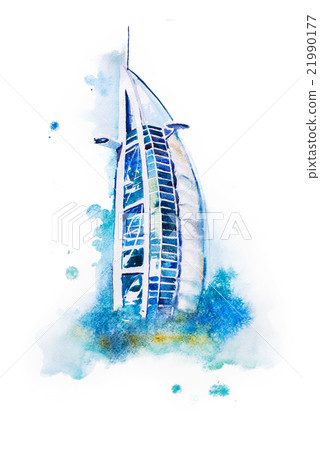 watercolor drawing of Dubai hotel. Burj Al Arab 21990177