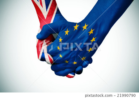 hands patterned with British and European flag hands patterned with British and European flag 21990790