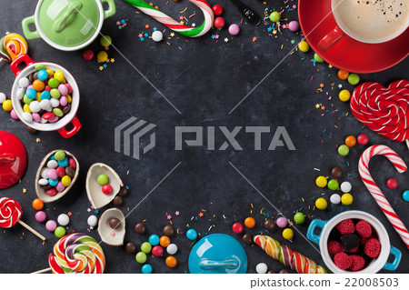 Colorful candies and coffee cup frame Colorful candies and coffee cup frame 22008503