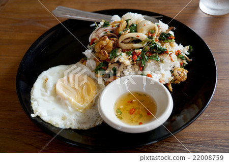Rice topped with spicy fried squid,basil Thai food Rice topped with spicy fried squid,basil Thai food 22008759