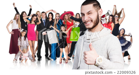 Woman and large group of happy people  22009326