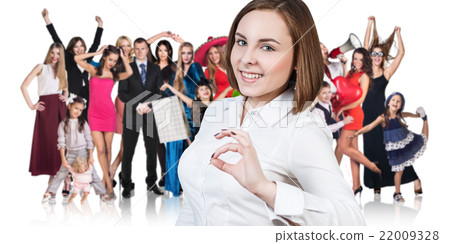 Woman and large group of happy people  22009328