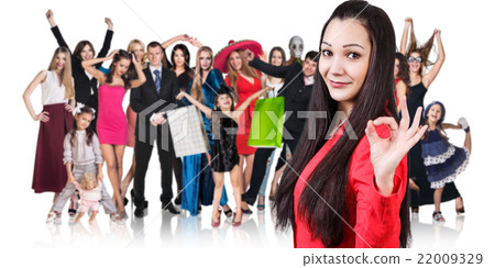 Woman and large group of happy people  22009329