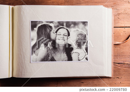 Mothers day composition. Photo album, black-and Mothers day composition. Photo album, black-and 22009780