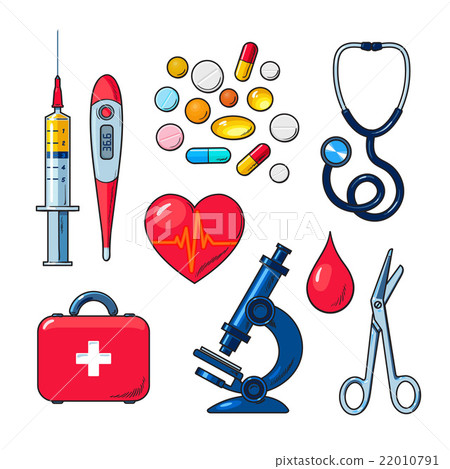 Set of medical icons isolated, color sketch Set of medical icons isolated, color sketch 22010791