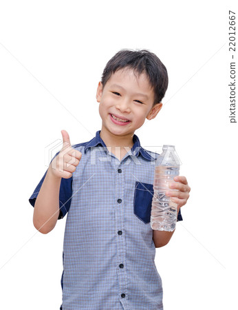 boy holding bottle of water and showing thumb up 22012667