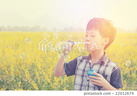 boy blowing bubbles in field with vintage filter boy blowing bubbles in field with vintage filter 22012674