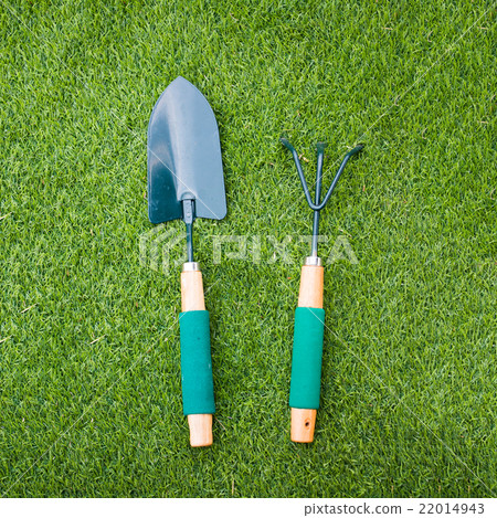 Shovel and rake on green grass 22014943