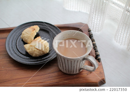 Cafe au lait and homemade white chocolate scones on a tray 22017350