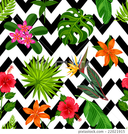 Seamless pattern with tropical plants, leaves and 22021915