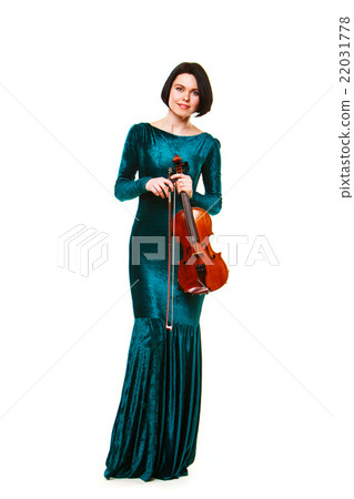 Girl in green dress playing voilin on white Girl in green dress playing voilin on white 22031778