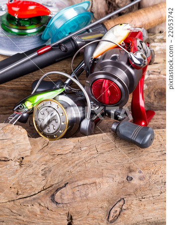 fishing tackles and fishing baits on wooden fishing tackles and fishing baits on wooden 22053742