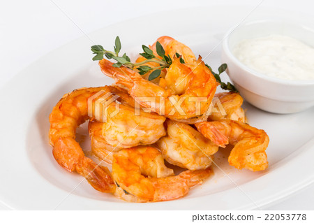 portion hot shrimps on white plate 22053778