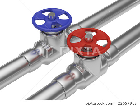 Red and blue valves on steel pipes diagonal view 22057913