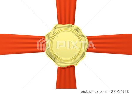 Gold wax seal on red ribbon cross isolated Gold wax seal on red ribbon cross isolated 22057918