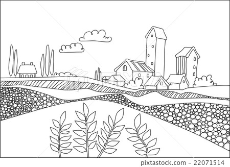 black  white village, field and plants 22071514