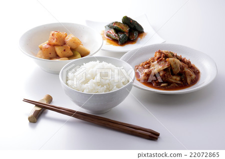 Three kinds of kimuchi, rice and chopsticks 22072865