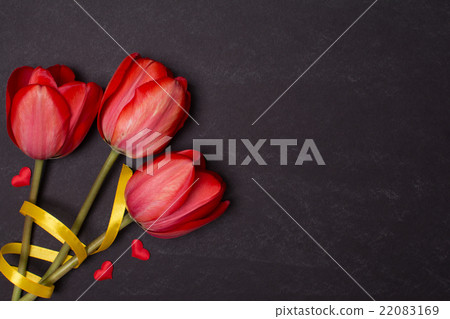 Empty clean black chalkboard with red tulips and Empty clean black chalkboard with red tulips and 22083169