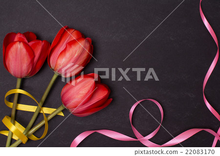 Empty clean black chalkboard with red tulips and 22083170