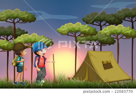 Two boys hiking and camping in the forest - Stock Illustration ...
