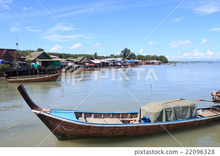 Close up head of long tail boat with goods in sea 22096328