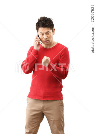 一個人的圖像他的站立在與智能手機的白色後面的30s的 22097625