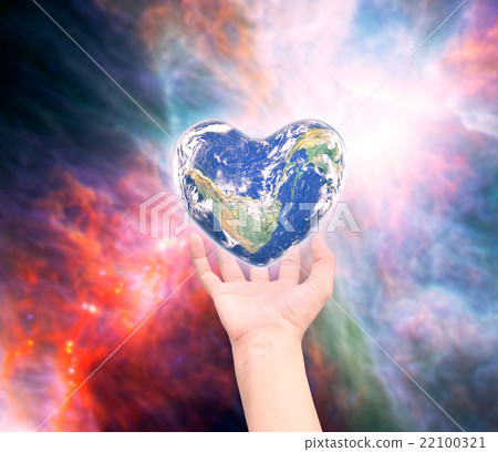 World in heart shape with over women human hand World in heart shape with over women human hand 22100321