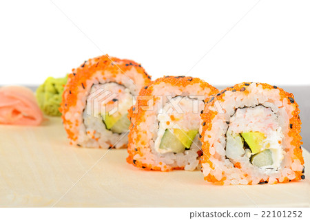 Closeup California maki sushi in row 22101252