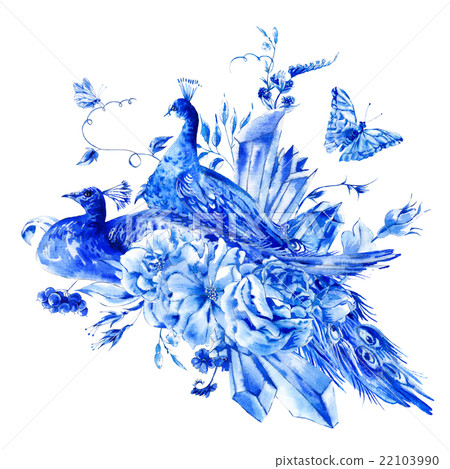 Vintage blue pair of peacocks with watercolor Vintage blue pair of peacocks with watercolor 22103990