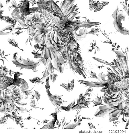 Vintage seamless pattern with pair of peacocks 22103994