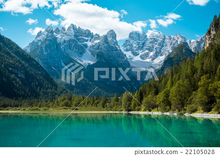 Beautiful mountain lake in Dolomites Beautiful mountain lake in Dolomites 22105028