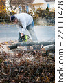 Man Cuts Tree Limbs with a Chainsaw 22111428