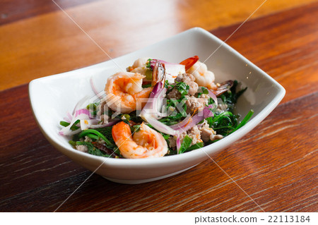 close up thai Spicy with shrimp on white ceramic 22113184