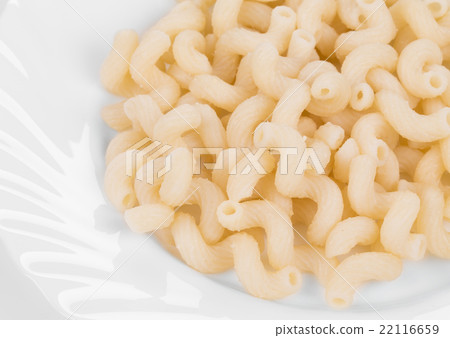 Close up of pasta cavatappi on a white plate. 22116659
