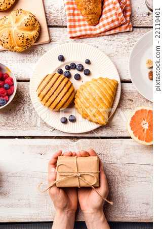 Stock Photo: Mothers day composition. Little gift and breakfast