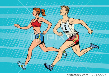 插图素材 man woman athletes running track and field summer