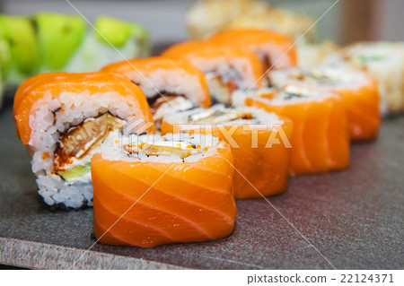 Sushi roll with salmon and shrimp Sushi roll with salmon and shrimp 22124371