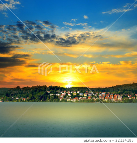lake and sunset, a view of the beach 22134193