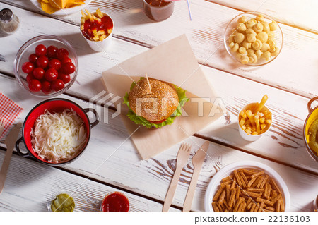 Burger, tomatoes and champignons. Burger, tomatoes and champignons. 22136103