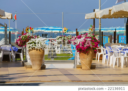 Vases with flowers at the entrance to beach zone 22136911