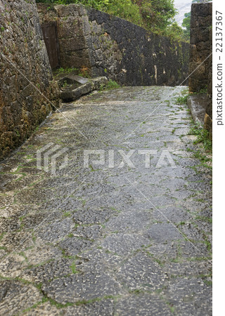 The old road wet with rain, the cobbled street of Shuri Kinjo Town, Okinawa (Vertical composition) 22137367
