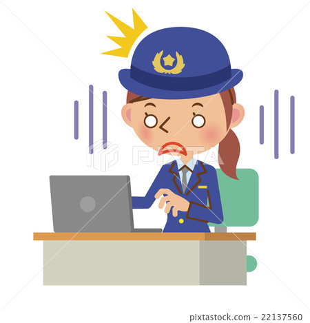 A female police officer who is shocked in front of a laptop computer A female police officer who is shocked in front of a laptop computer 22137560